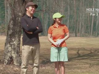 Golf fancy woman gets teased and creamed by two adolescents